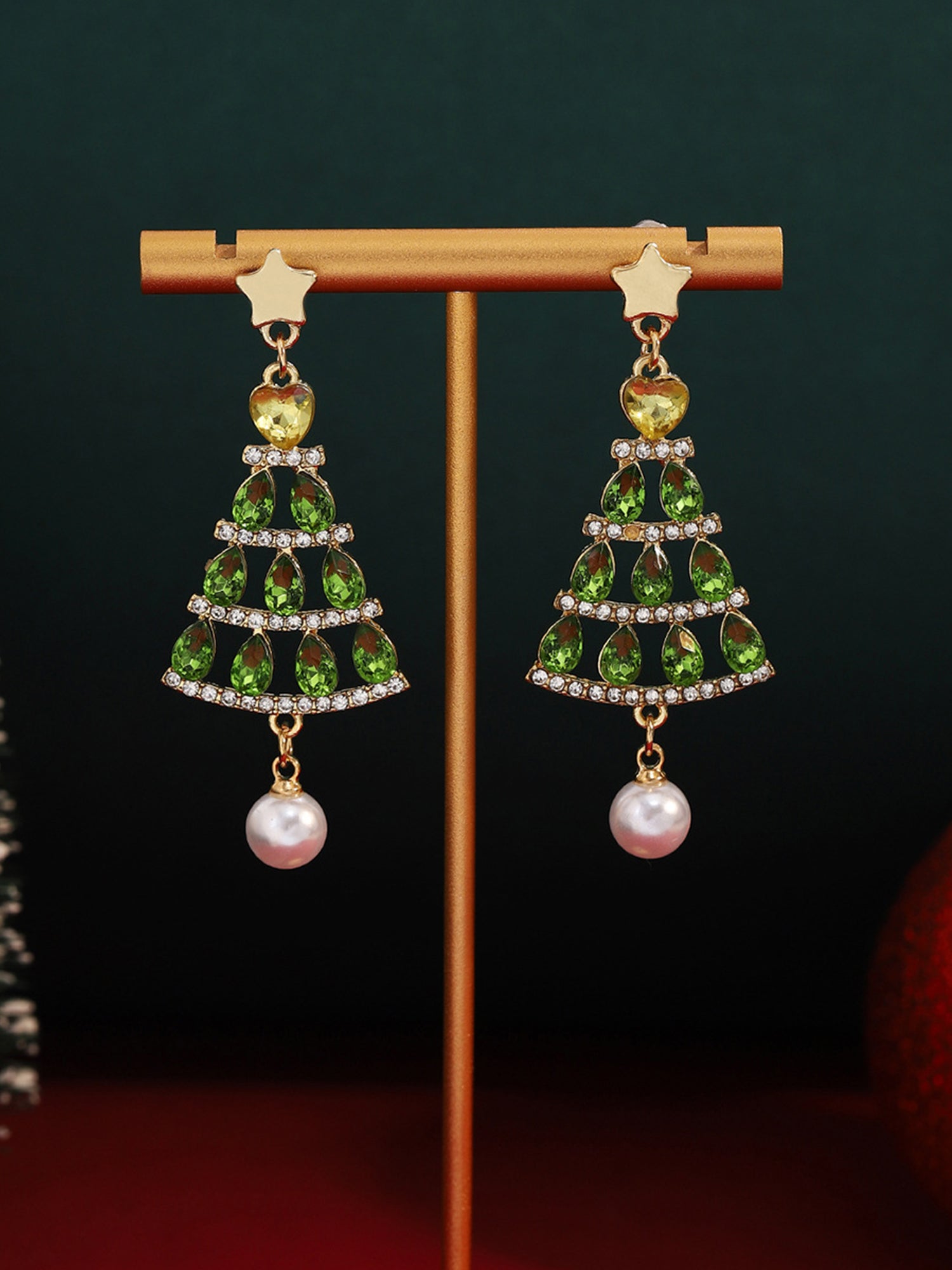 Christmas Tree Hollow Diamond Pearl Earrings
